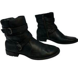 Born Womens Black Leather Ankle Boots 8M Harness Strap Low Comfort Heel Moto